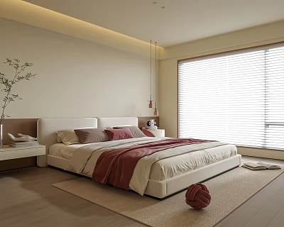 Modern Bedroom With Upholstered Bed Red Blanket Nightstand Green Plant Window Blinds And Natural Light 3d model