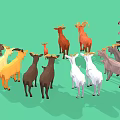 Group of Colorful Goats with Various Sizes and Brown Gray White Fur on Green Background