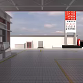 Gas Station Exterior With Red Roof Fuel Pumps And Columns