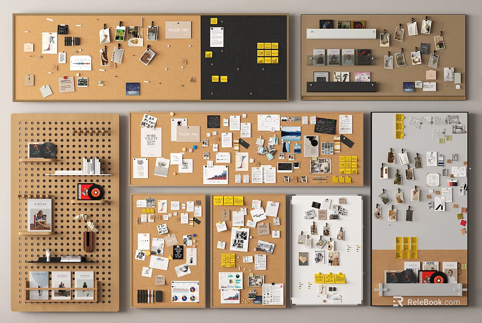 Various Wall Hangings Displayed On Cork And Pegboards With Decorative Items 3d model