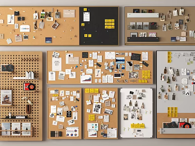 Various Wall Hangings Displayed On Cork And Pegboards With Decorative Items 3d model