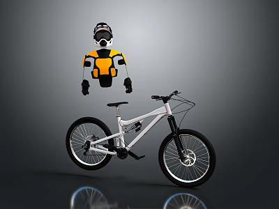 Mountain Bike with Yellow and Black Riding Gear Helmet and Protective Vest on Gray Background 3d model