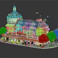 Cartoon Scene With Blue Roof Building Yellow Trees Street Lamps And Flying Birds