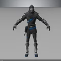 Hooded Masked Character In Gray Armor With Blue Accents Standing 3D Model Pose