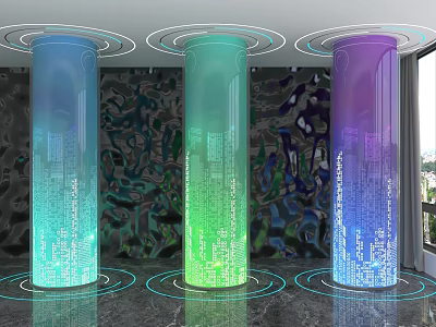 Colorful Lighted Pillars With Digital Code Patterns Against Abstract Dark Background And Circular Floor Halos 3d model