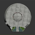 Cartoon Scene Featuring Circular Building With Dome Pools Green Plants Red Door And Steps