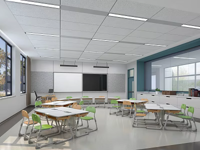 Bright Modern School Classroom With White Blackboard Green Chairs White Tables Windows And Storage Cabinets 3d model