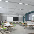 Bright Modern School Classroom With White Blackboard Green Chairs White Tables Windows And Storage Cabinets