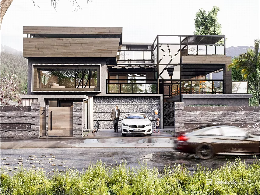 Modern Detached Villa Featuring Glass Curtain Wall Courtyard Car Parking And Greenery 3d model 