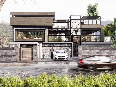 Modern Detached Villa Featuring Glass Curtain Wall Courtyard Car Parking And Greenery 3d model