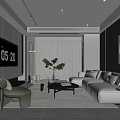 Modern Living Room With Beige Sofa Coffee Table TV Wall And Floor to Ceiling Window