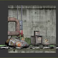 Industrial Indoor Space With Concrete Walls Pink Pipes Trash Bags Green Mat And Warning Barrels