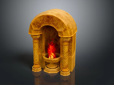 Traditional Arch Design Fireplace With Carved Stone Columns And Burning Flames 3d model