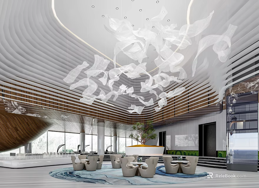 Modern Elegant Sales Office Interior With Bird Shaped Chandelier And Wooden Walls 3d model 
