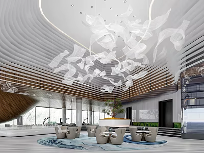 Modern Elegant Sales Office Interior With Bird Shaped Chandelier And Wooden Walls 3d model