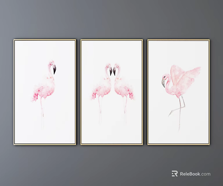 Elegant Watercolor Flamingo Animal Paintings Three Framed Wall Art Decor Pieces 3d model 