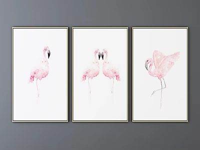 Elegant Watercolor Flamingo Animal Paintings Three Framed Wall Art Decor Pieces 3d model