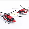 Two Red And White Helicopters Side By Side With Rotors And Fuselage