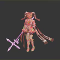 Game and Movie Character White Outfit with Red Accents Twin Ponytails Holding Double Bladed Weapon