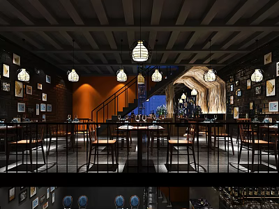Industrial Style Restaurant Interior With Hanging Pendant Lights Framed Artworks And Staircase 3d model