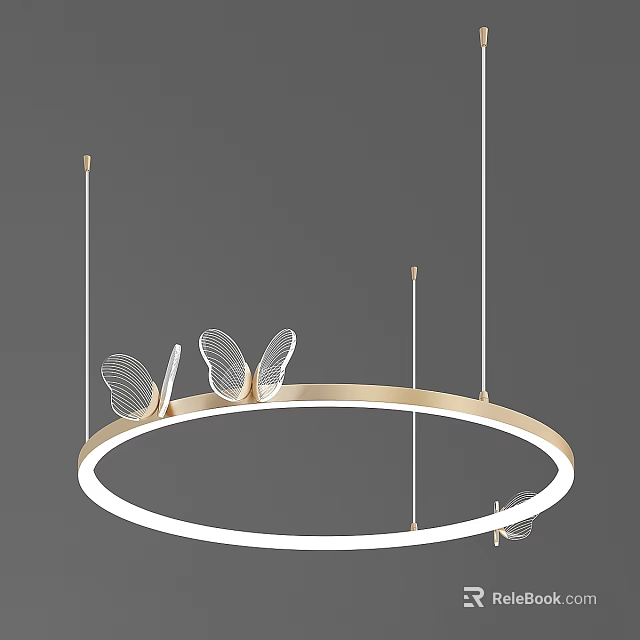Modern Circular Ring Chandelier With Gold Metal Frame And Butterfly Decorative Elements 3d model 