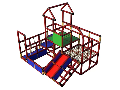 Kids Play Area With Castle Style Roof Red Frame Climbing Slide And Colorful Platforms 3d model