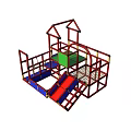 Kids Play Area With Castle Style Roof Red Frame Climbing Slide And Colorful Platforms