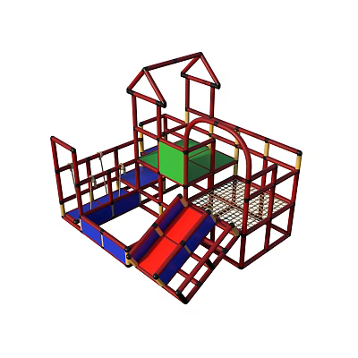 Kids Play Area With Castle Style Roof Red Frame Climbing Slide And Colorful Platforms 3d model