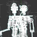 Two Robots with Complex Mechanical Structures One Holding Spear Like Object Metallic Texture on Gray Background