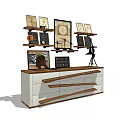 Vintage TV Stand with Decorative Paintings Chalkboards Globe and Table Lamp on Shelves