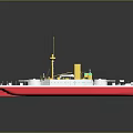 Red and White Warship Model With Yellow Mast and Deck Equipment