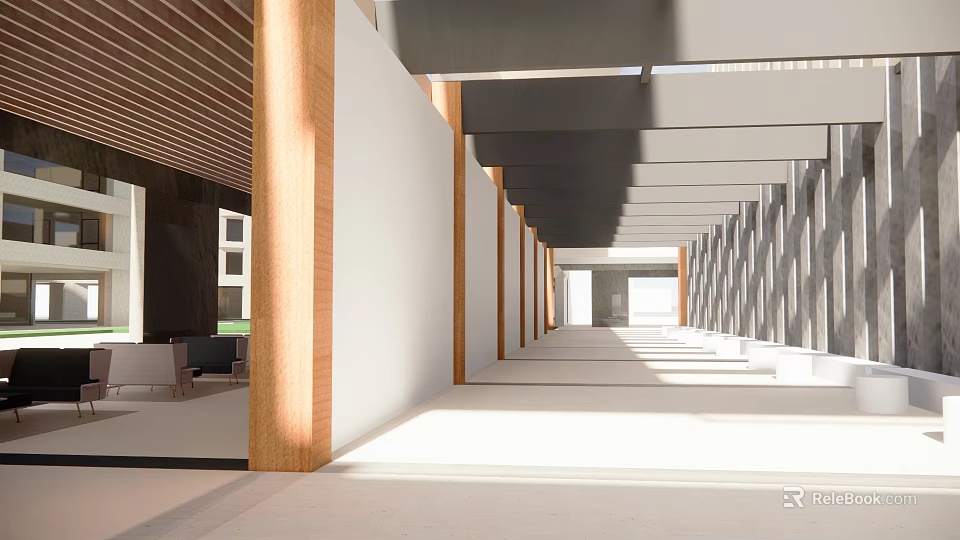 Modern Front Desk Reception Area With Wooden Columns And Spacious Lobby Design 3d model 