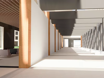 Modern Front Desk Reception Area With Wooden Columns And Spacious Lobby Design 3d model