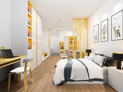 Modern Apartment Bedroom Study Space With Wooden Flooring Yellow Partitions And Wall Paintings 3d model