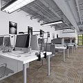 Modern Public Office Space With Workstations Monitors Office Chairs And Ceiling Lighting 3d model
