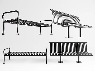 Multiple Designs of Outdoor Chairs Featuring Metal Frames and Slatted Seats 3d model