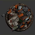 Orange Green Colored Mechanical Robot Featuring Mechanical Arm Standing On Rocky Debris Base