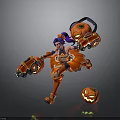 Halloween Themed 3D Game Character In Red Outfit With Purple Hair Pumpkin Weapons And Lanterns