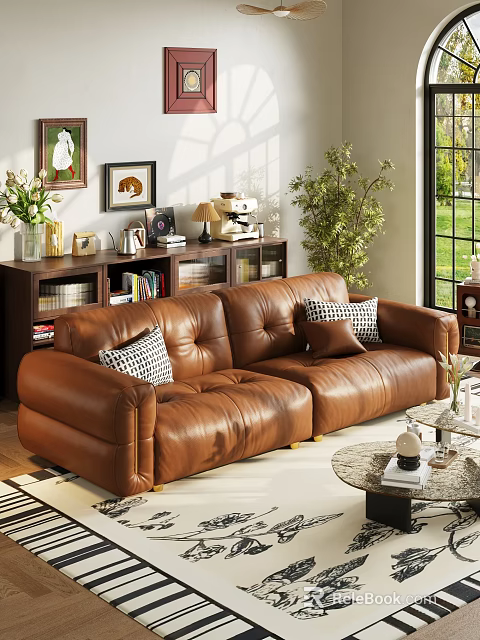 Two Seater Brown Leather Sofa with Bookshelf Green Plant and Window in Living Room 3d model 