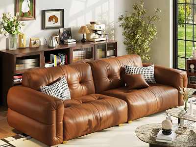 Two Seater Brown Leather Sofa with Bookshelf Green Plant and Window in Living Room 3d model