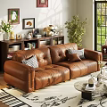 Two Seater Brown Leather Sofa with Bookshelf Green Plant and Window in Living Room
