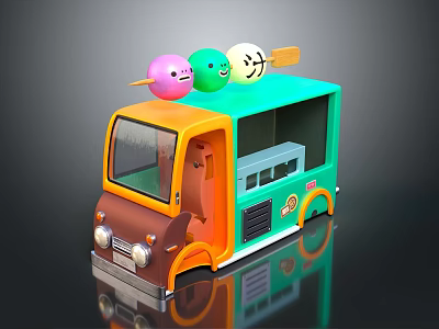 Colorful Cartoon Style Food Truck With Three Round Models On Roof Green Orange Brown Design 3d model