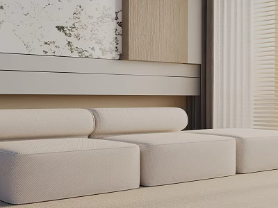 Beige Fabric Three-seater Sofa in Modern Living Room with Minimalist Wall Decor and Curtains 3d model