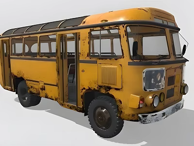 Old Yellow Rusty Vintage Bus Exterior With Classic Design And Weathered Details 3d model