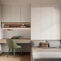 Modern Tatami Bedroom With Desk Table Lamp Laptop Green Chair White Cabinets And Blinds