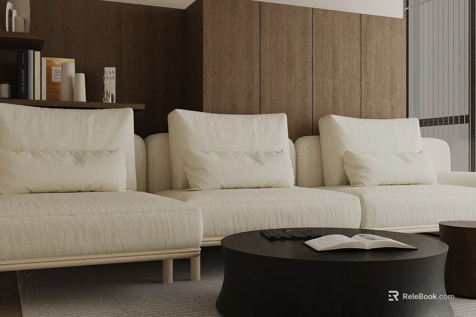 Cream Colored Three Seater Sofa With Cushions And Black Round Coffee Table Wooden Wall Background 3d model 