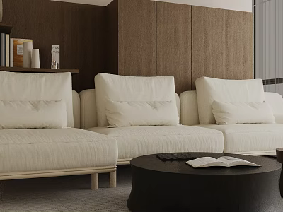 Cream Colored Three Seater Sofa With Cushions And Black Round Coffee Table Wooden Wall Background 3d model