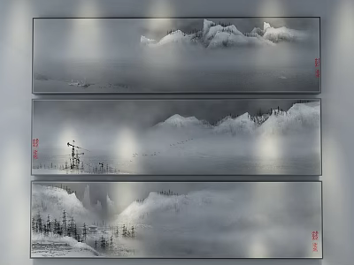 Traditional Chinese Ink Landscape Painting With Misty Mountains Pine Trees And River 3d model