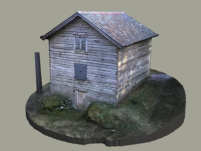 Old Wooden Cabin With Weathered Roof Small Windows And Natural Surroundings 3d model