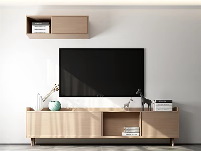 Modern Wooden TV Stand With Storage Cabinets Decorative Items And Wall Mounted Shelf 3d model